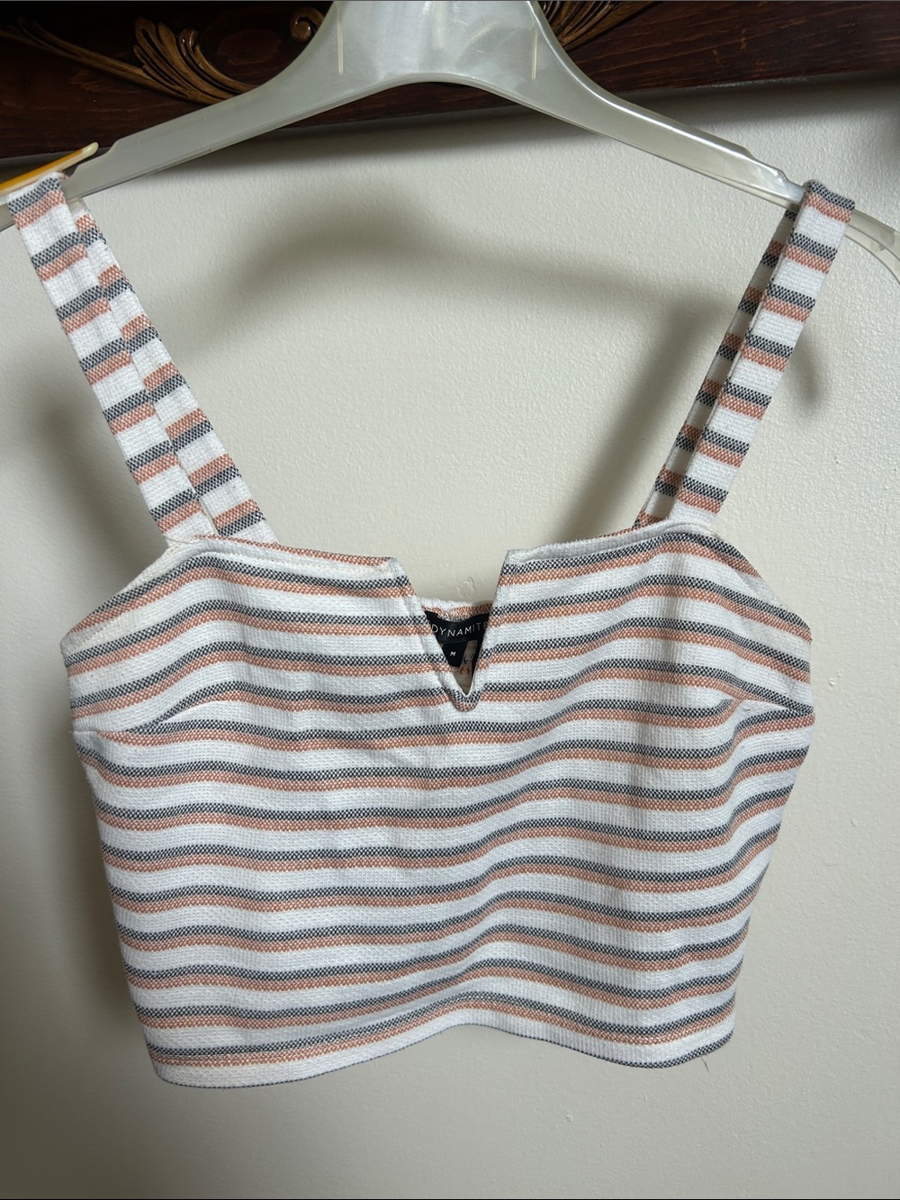 Dynamite Striped Square V-Notch Crop Top in White, Orange & Blue